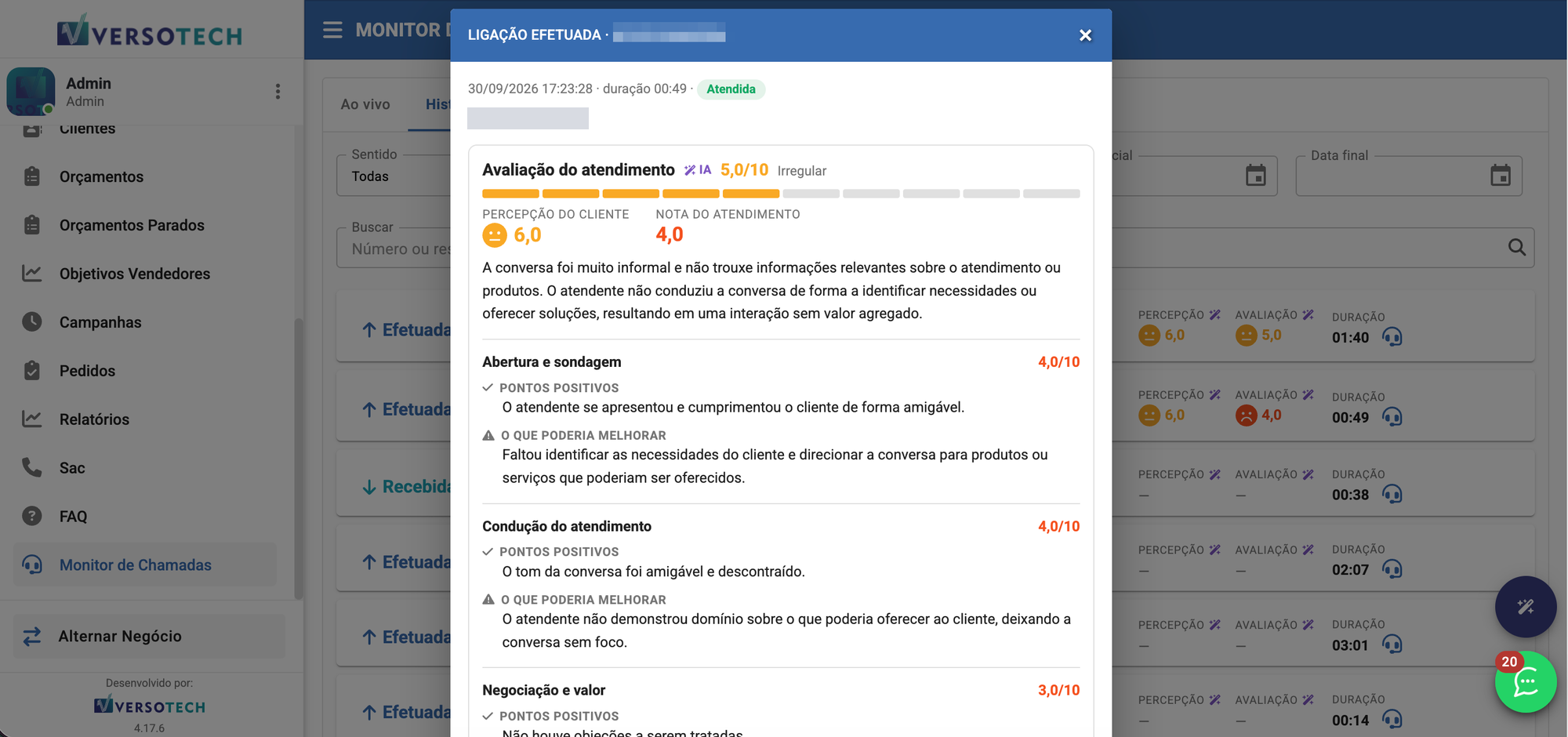 Avaliação do atendimento por IA, com nota por etapa da ligação