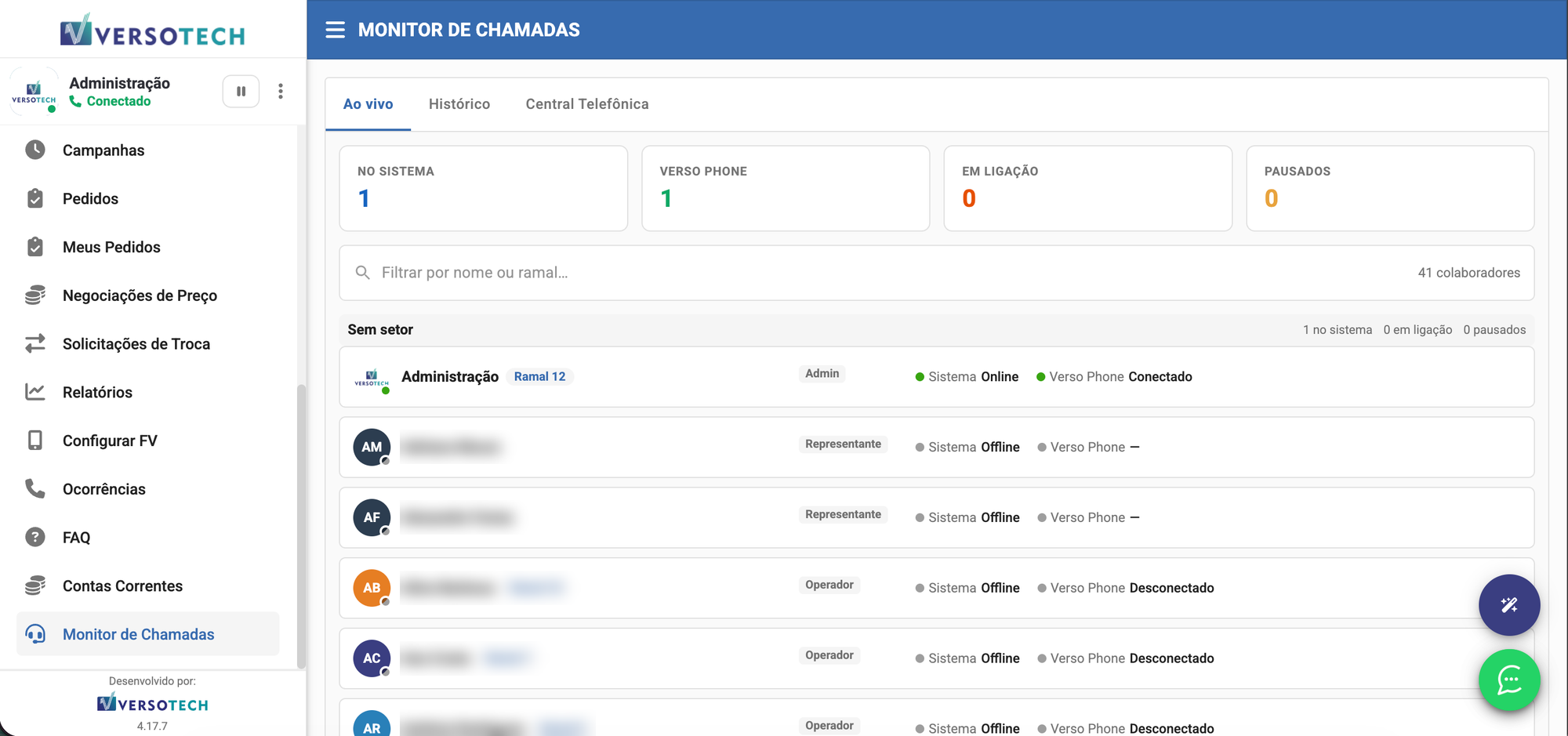 Monitor de chamadas ao vivo: colaboradores, ramais e situação de cada um