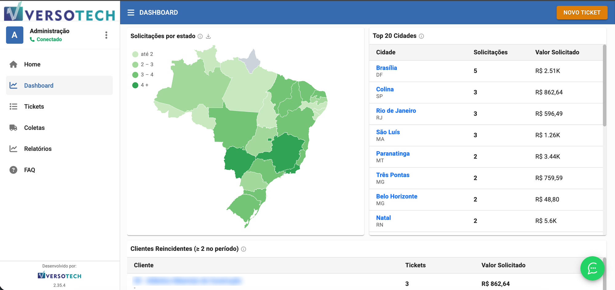 Mapa de solicitações por estado, top cidades e clientes reincidentes